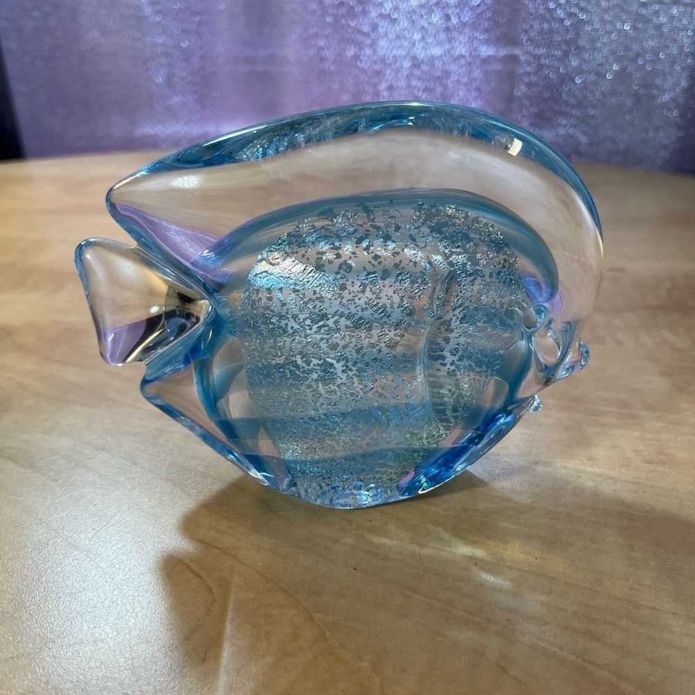 Marcolin Sweden Art Glass Paperweight Fish With Silver Flecks Blue Stripes